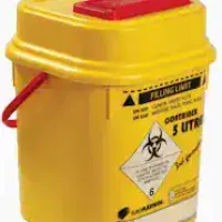 Bote de material odontológico personalizable en color amarillo con tapa roja y advertencias de seguridad, ideal para uso profesional en clínicas dentales.