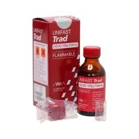 Unifast Trad, adhesivo odontológico personalizado, en caja y frasco de 100g, indicado para aplicaciones dentales con alta precisión y fiabilidad.
